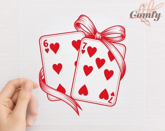 67 Playing Cards Red Hearts Ribbon DTF Transfer | Hot Peel Ready To Press Design For Shirts | Valentines Couple Poker Print