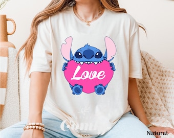 Stitch Holding Love Heart Shirt - Cute Valentines Day Gift T-Shirt - Pink Blue Cartoon Tee for Her, Him or Kids