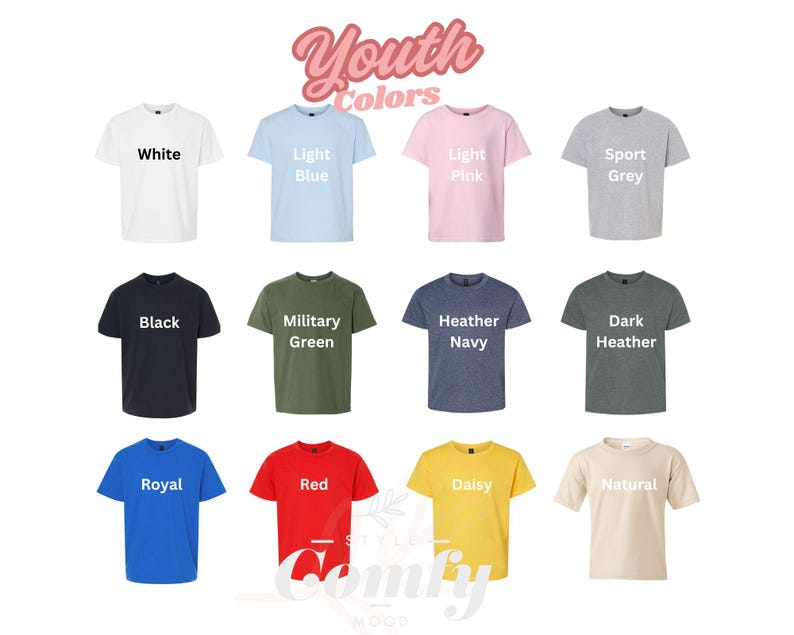 K&ouml;nnte beinhalten: Eine Tabelle mit 12 verschiedenen T-Shirt-Farben f&uuml;r Kinder. Die Farben sind: Wei&szlig;, Hellblau, Hellrosa, Sportgrau, Schwarz, Milit&auml;rgr&uuml;n, Marineblau meliert, Dunkelgrau meliert, K&ouml;nigsblau, Rot, Gelb Daisy und Natur.
