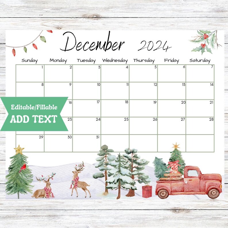 Editable December 2024 Calendar, Christmas Countdown, Fillable