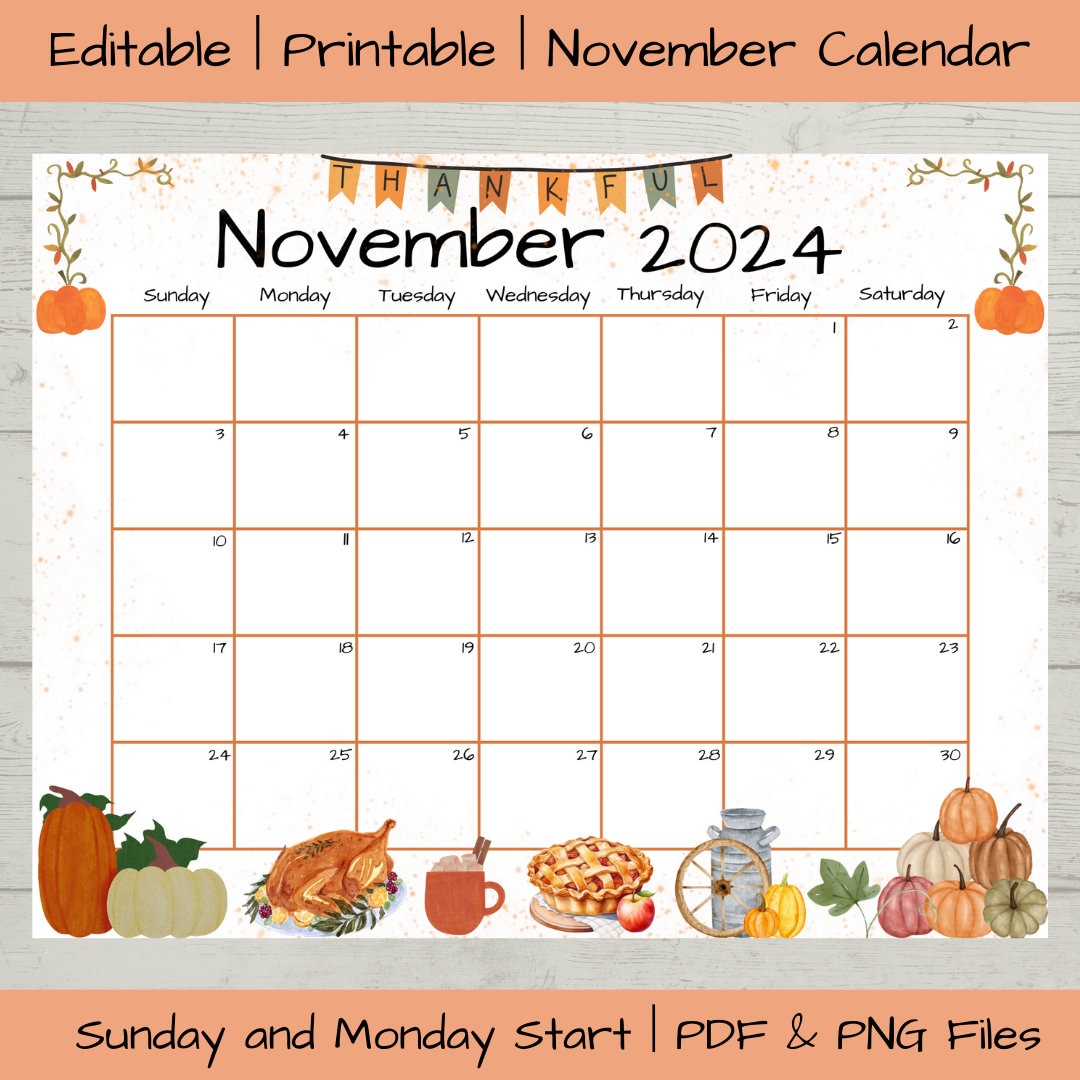 Editable November 2024 Calendar, Printable Calendar Thanksgiving 2024