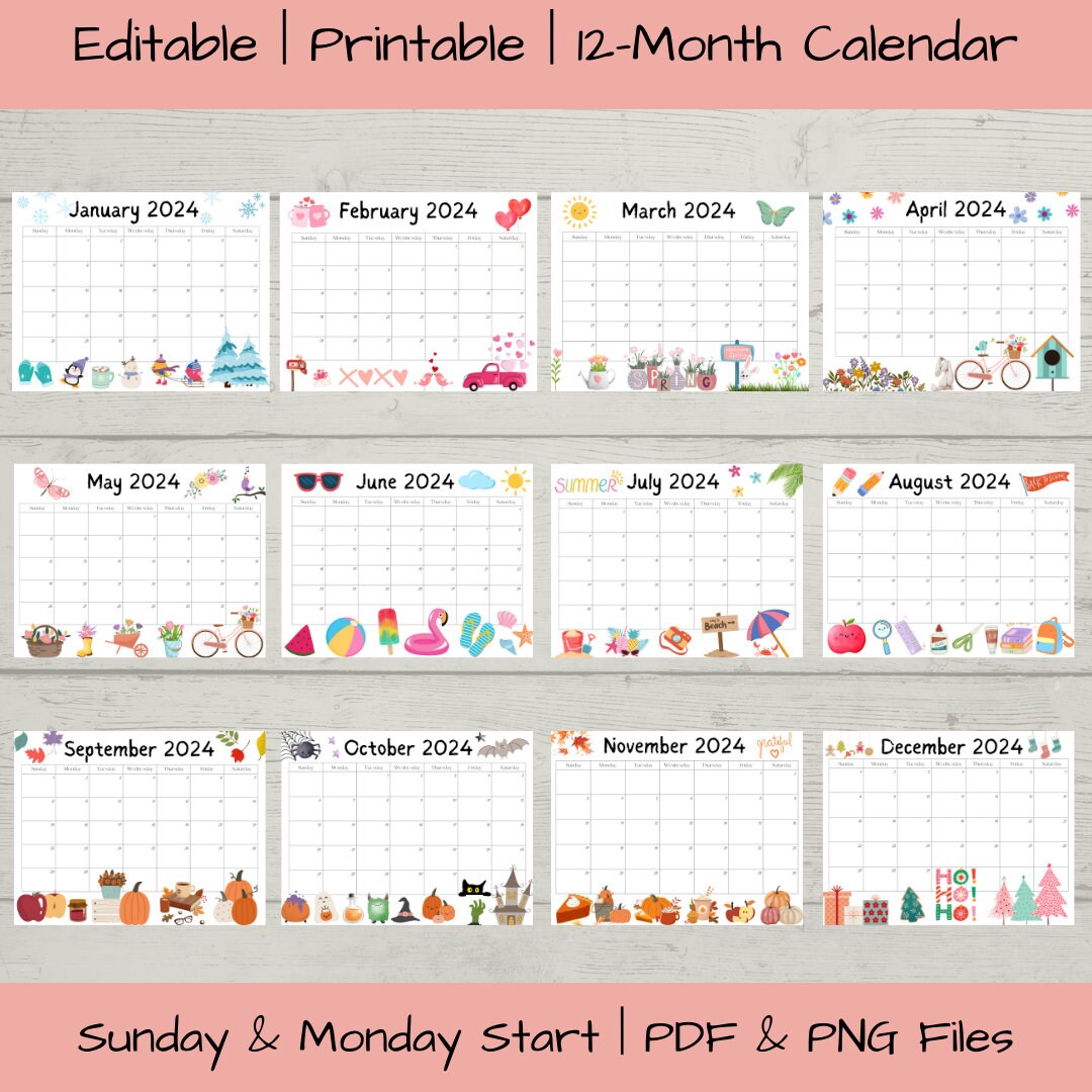 Editable Yearly 2024 Calendar Bundle Printable January Calendar 2024