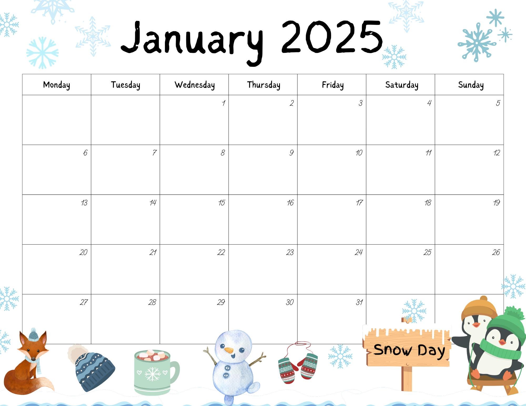 Editable January 2025 Calendar PDF Template, Winter 2025 Calendar, Printable January Calendar
