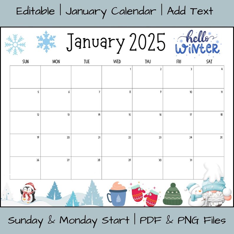 Editable January 2025 Calendar PDF Template, Winter 2025 Digital