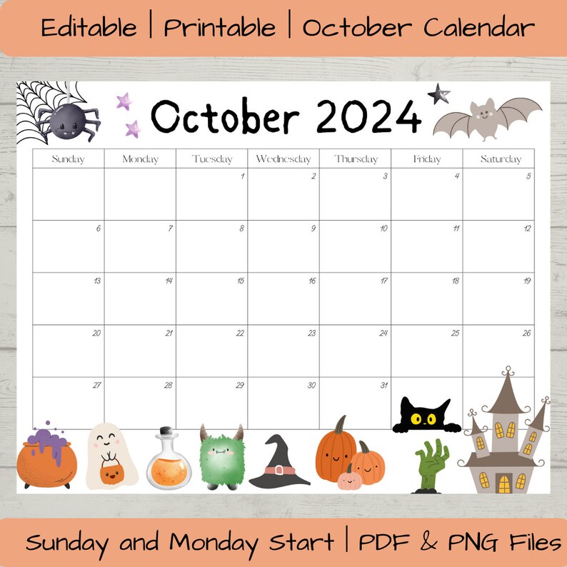 Editable October 2024 Calendar PDF and PNG Template, Printable Digital