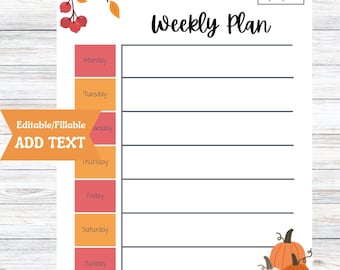 Weekly Planner Editable, Fall Printable Calendar, Instant Download PDF Template, Fillable Fall Theme To Do List, Homework Tracker