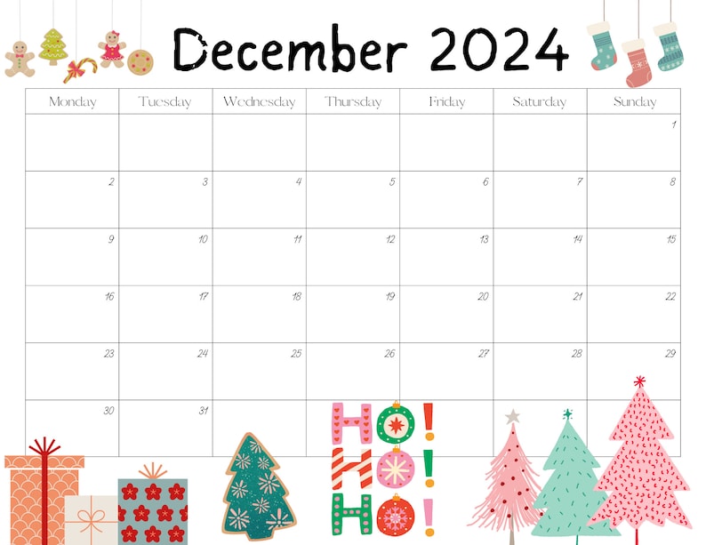Editable December 2024 Calendar Printable, Activity Planner, Classroom