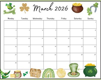 March 2026 Calendar, St Patricks Day Theme (Editable PDF)
