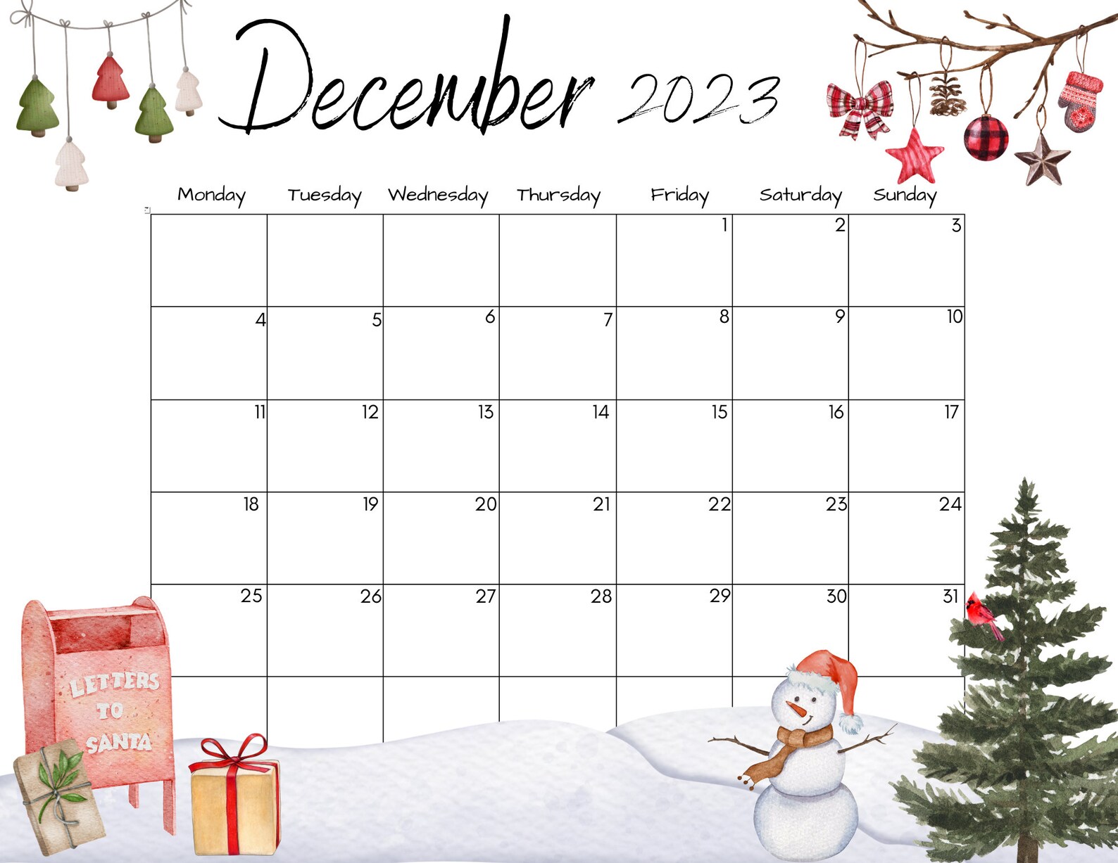 Editable December 2023 Calendar, Christmas Countdown Calendar