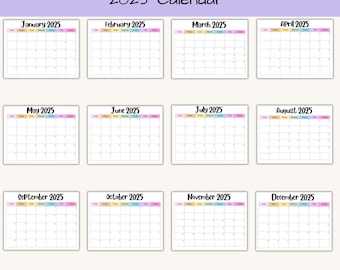 Editable 2025 Calendar Printable, January 2025 - December 2025 Year 12 Month Instant Download for School Office Rainbow  Fillable Calendar