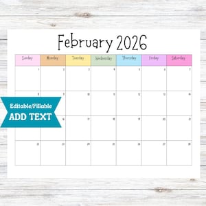 Calendario de febrero de 2026 imprimible y editable, planificador de actividades, calendario para el aula, descarga digital, calendario arcoíris