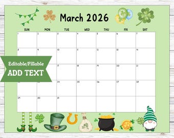 EDITABLE March 2026 Calendar Fillable Monthly Classroom Digital Download Wall Calendar Office Meeting Spring St Patricks Day Lucky Gold