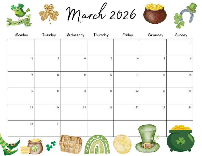 March 2026 Calendar, St Patricks Day Theme (editable PDF) - Etsy