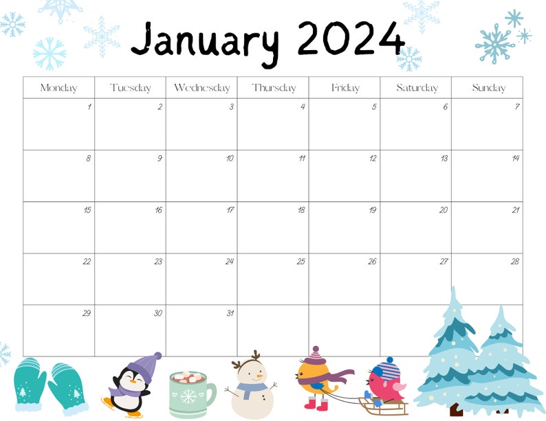 Editable January 2024 Calendar PDF Template, Winter 2024 Calendar