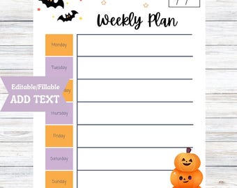 Weekly Planner Editable, October Printable Calendar, Instant Download PDF Template, Fillable Halloween Theme To Do List, Homework Tracker