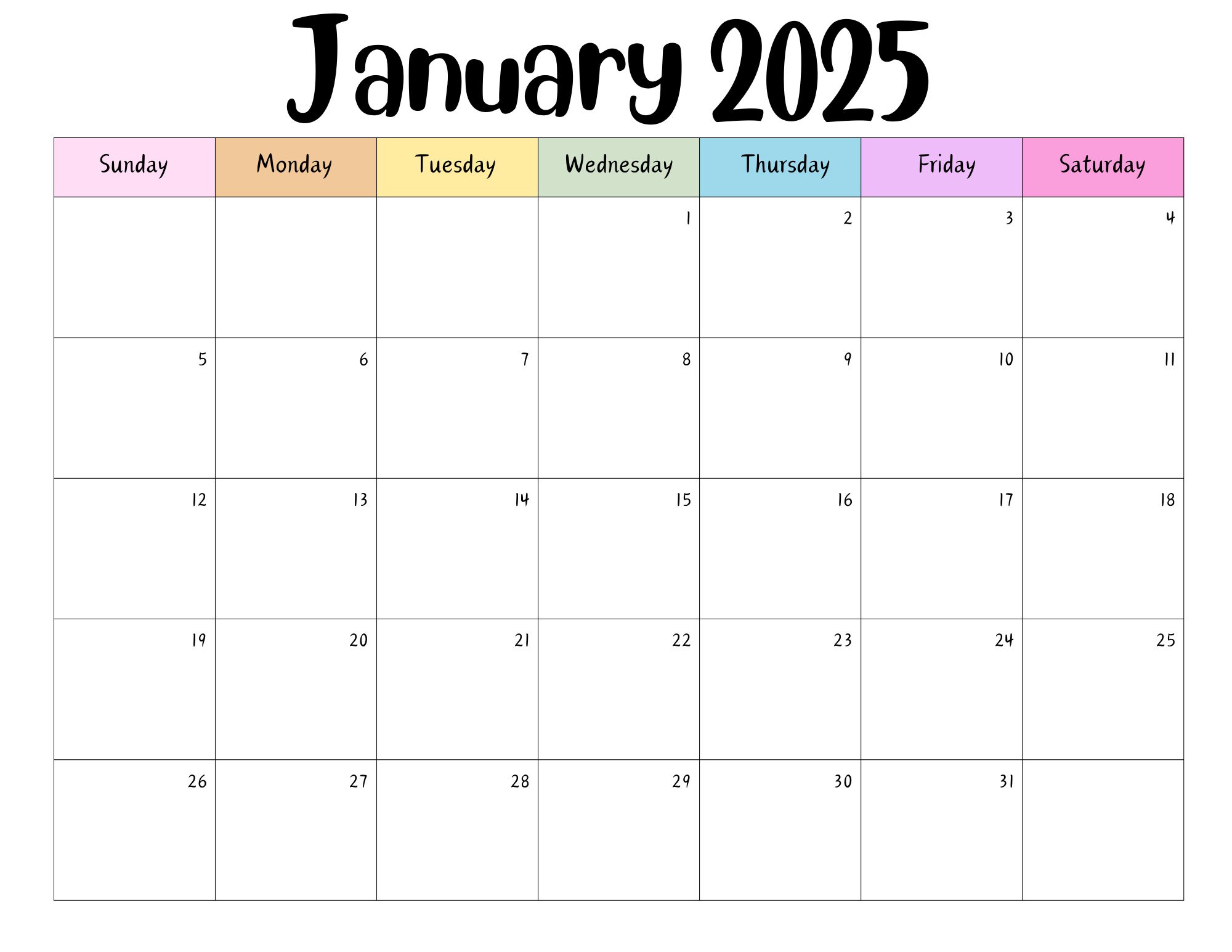 Editable 2025 Calendar Printable, January 2025 - December 2025 Year 12 ...