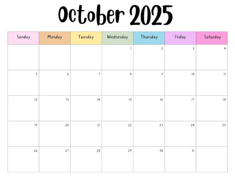 Editable October 2025 Calendar, Printable Digital Download, Wall
