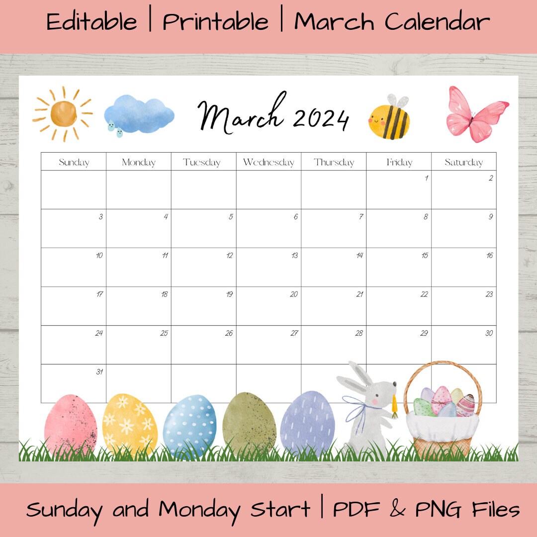 Editable March 2024 Calendar PDF Template, 2024 Calendar, Printable