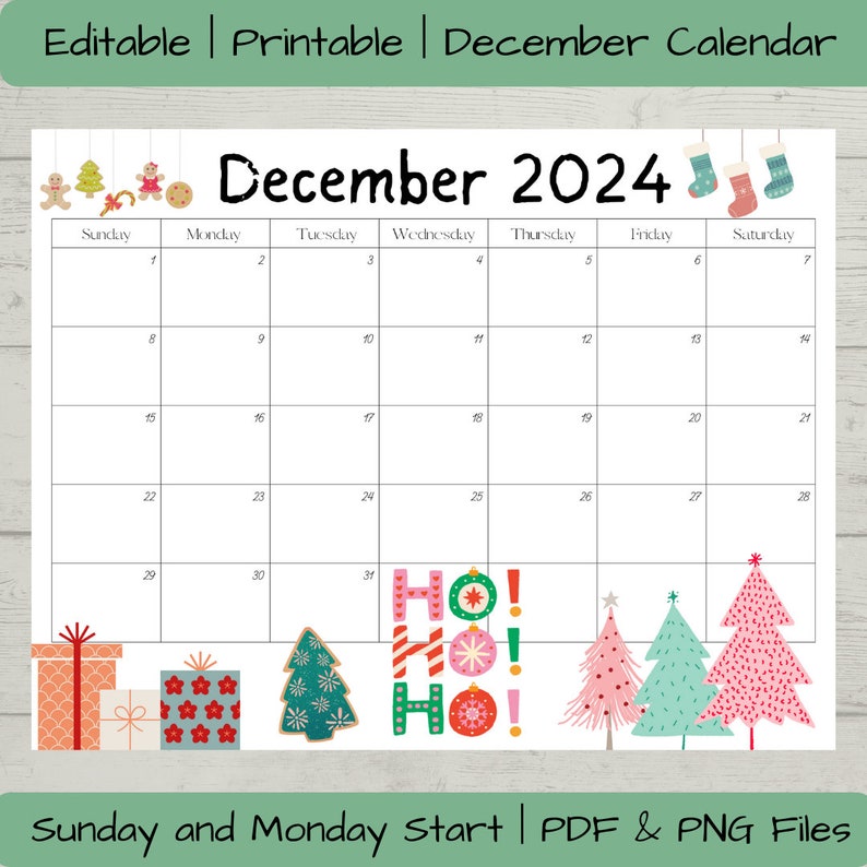 Editable December 2024 Calendar Printable, Activity Planner, Classroom