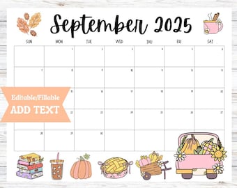 Editable September 2025 Calendar, Fillable Printable Digital Download, Fall Autumn Activity, School Daily Planner, Work Meetings, Pumpkins