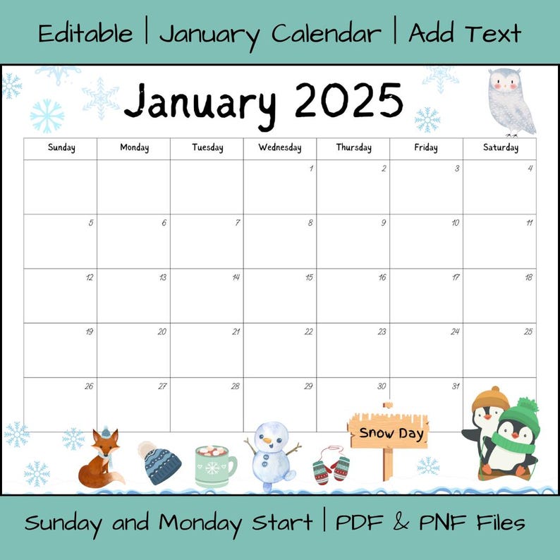 Editable January 2025 Calendar PDF Template, Winter 2025 Calendar, Printable January Calendar