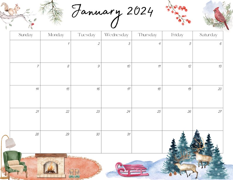 Editable 2024 Calendar Bundle, Printable January Calendar 2024, Whole