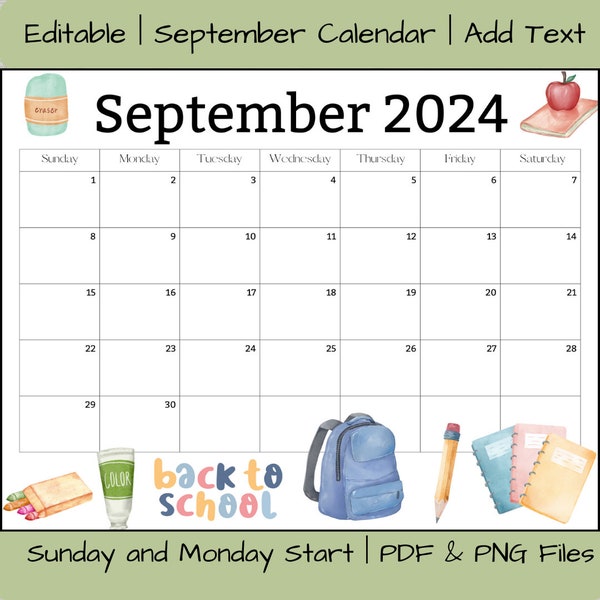 Calendrier de septembre 2024 modifiable, imprimable, planificateur d'activités, calendrier de salle de classe, organisateur mural mural pour la rentrée scolaire en téléchargement numérique