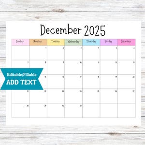 Calendrier de décembre 2025 modifiable, imprimable en téléchargement, calendrier mural de Noël, thème arc-en-ciel mignon, calendrier de bureau minimaliste