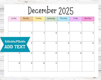 Editable December 2025 Calendar, Fillable Printable Digital Download, Christmas Wall Schedule Cute Rainbow Theme, Minimalist Office Schedule
