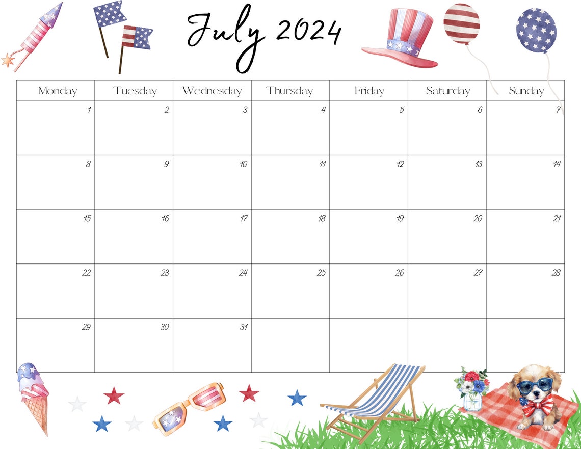 Editable July 2024 Calendar PDF and PNG Template, Printable July