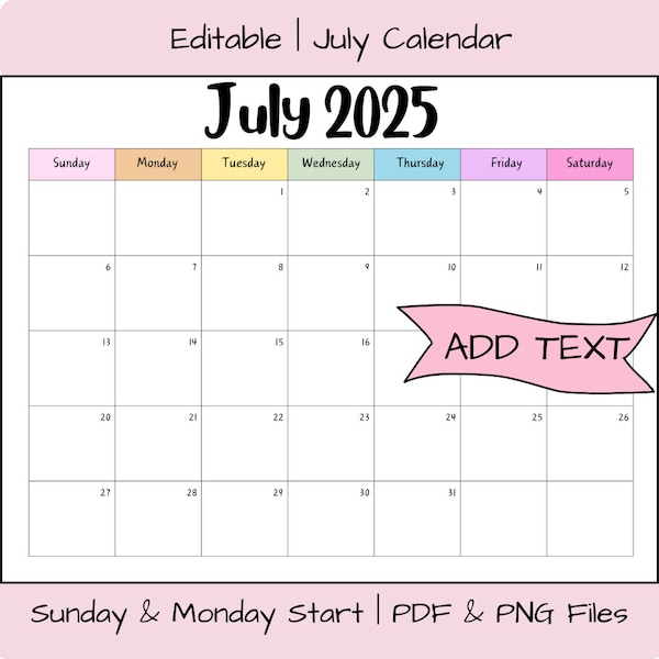 Printable Calendar 2025 July Etsy