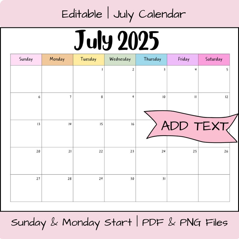 Editable July 2025 Calendar Printable Activity Planner, Rainbow