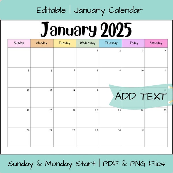 Editable January 2025 Calendar PDF Template, Winter 2025 Calendar, Printable January Calendar Template, Activity Calendar Rainbow Calendar