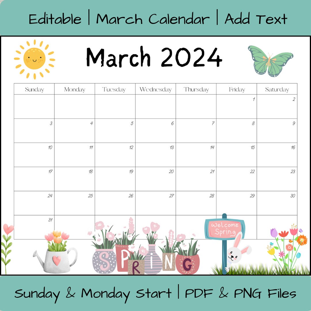 EDITABLE March 2024 Calendar Fillable Monthly Activity Planner