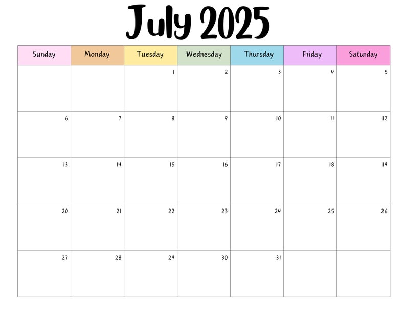Editable July 2025 Calendar Printable Activity Planner, Rainbow