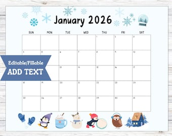 Editable January 2026 Calendar PDF Template, Winter 2026 Digital Download, Fillable Printable Activity Planner, Snowman New Years Cute Owl