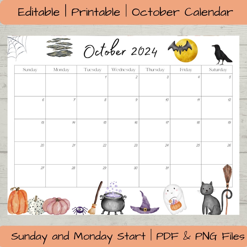 Editable October 2024 Calendar PDF and PNG Template, Printable Digital