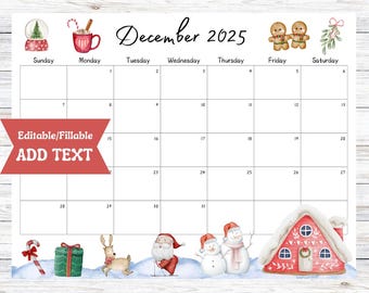 Editable December 2025 Calendar,  Fillable Printable Digital Download, Snow Globe, Christmas Trees, School Schedule, Office Meetings Plan