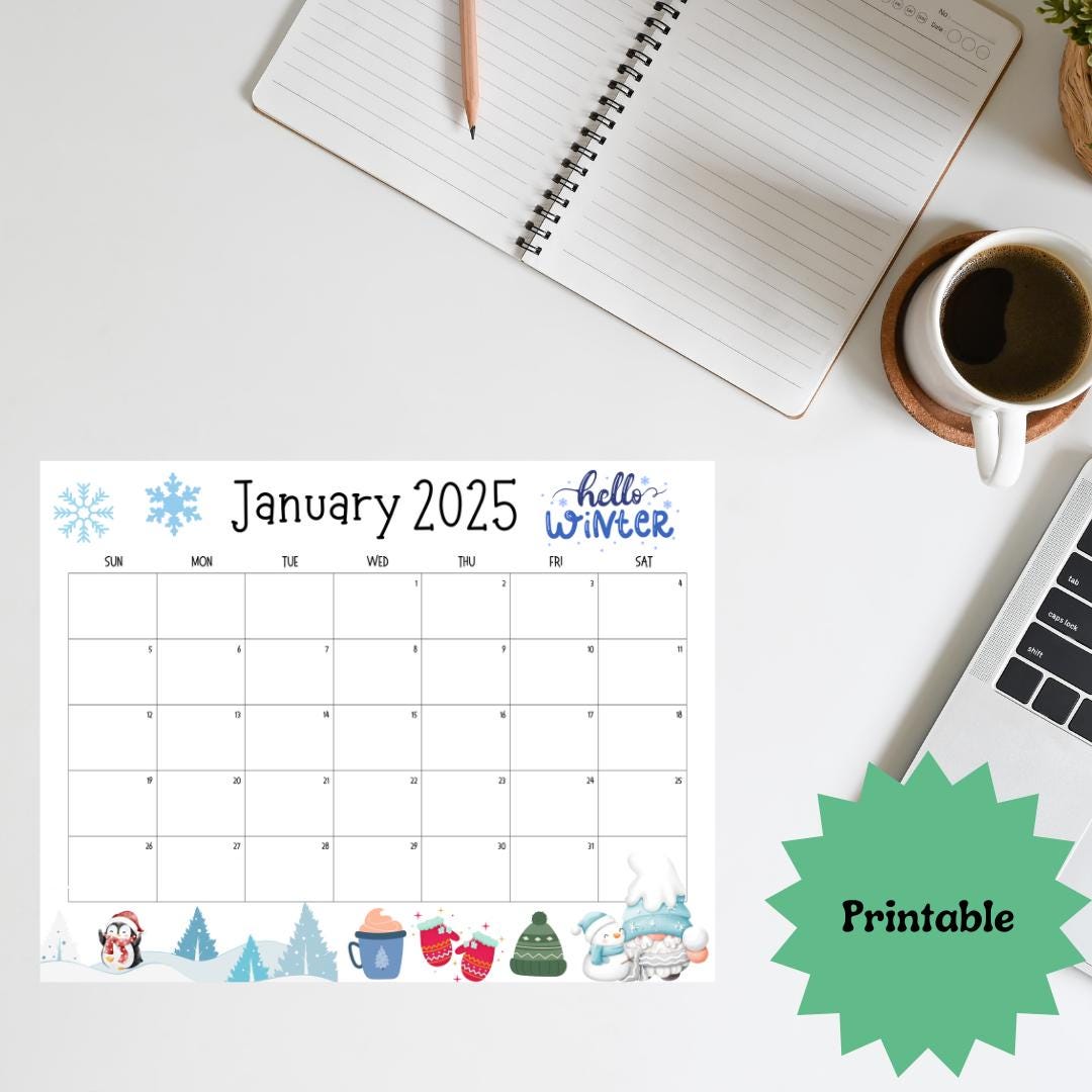 Editable January 2025 Calendar PDF Template, Winter 2025 Digital Download, Fillable Printable