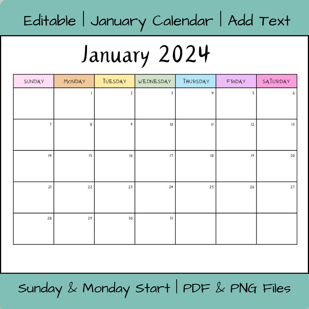 Editable January 2024 Calendar PDF Template, Winter 2024 Calendar, Printable  January Calendar Template, Activity Calendar Rainbow Calendar - Etsy
