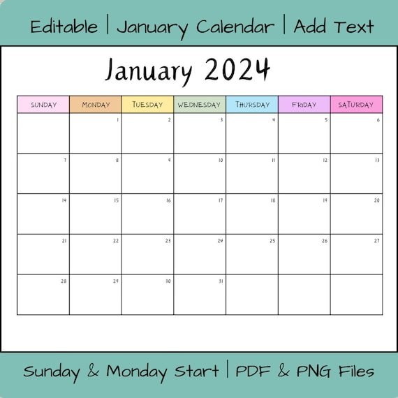 Editable January 2024 Calendar PDF Template, Winter 2024 Calendar, Printable  January Calendar Template, Activity Calendar Rainbow Calendar - Etsy