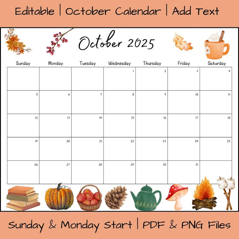 Editable October 2025 Calendar, Printable Fillable Digital Download ...