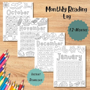 Afdrukbaar leeslogboek, maandelijkse leestracker, thema-kinderkalender, direct downloaden, kleurboek, kleursjabloon, vakantiethema