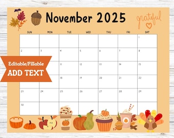 Editable November 2025 Calendar, Printable Fillable Digital Download, Cute Thanksgiving Planner School Office Organizer, Woodland Animals