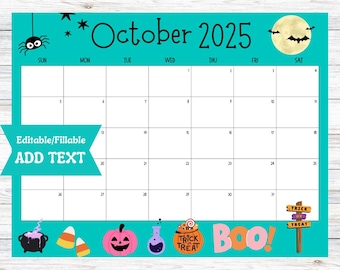Editable October 2025 Calendar, Printable Fillable Digital Download, Fall Planner, School Office Template, Halloween Blue Spider Pumpkin