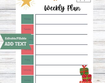 Weekly Planner Editable, December Printable Calendar, Instant Download PDF Template, Fillable Christmas Theme To Do List, Homework Tracker