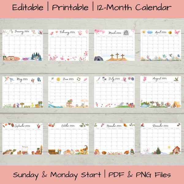 Editable 2024 Yearly Calendar Bundle Printable January Calendar 2024 Christian Calendar Whole Year 12 Month Calendar Instant Download