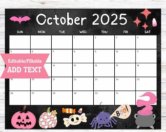Editable October 2025 Calendar, Printable Fillable Digital Download, Fall Planner, School Office Template, Halloween Neon Pink Colors