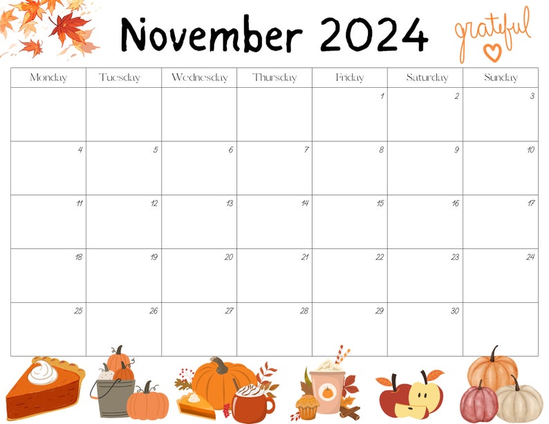 Editable November 2024 Calendar PDF and PNG Template, Printable Digital