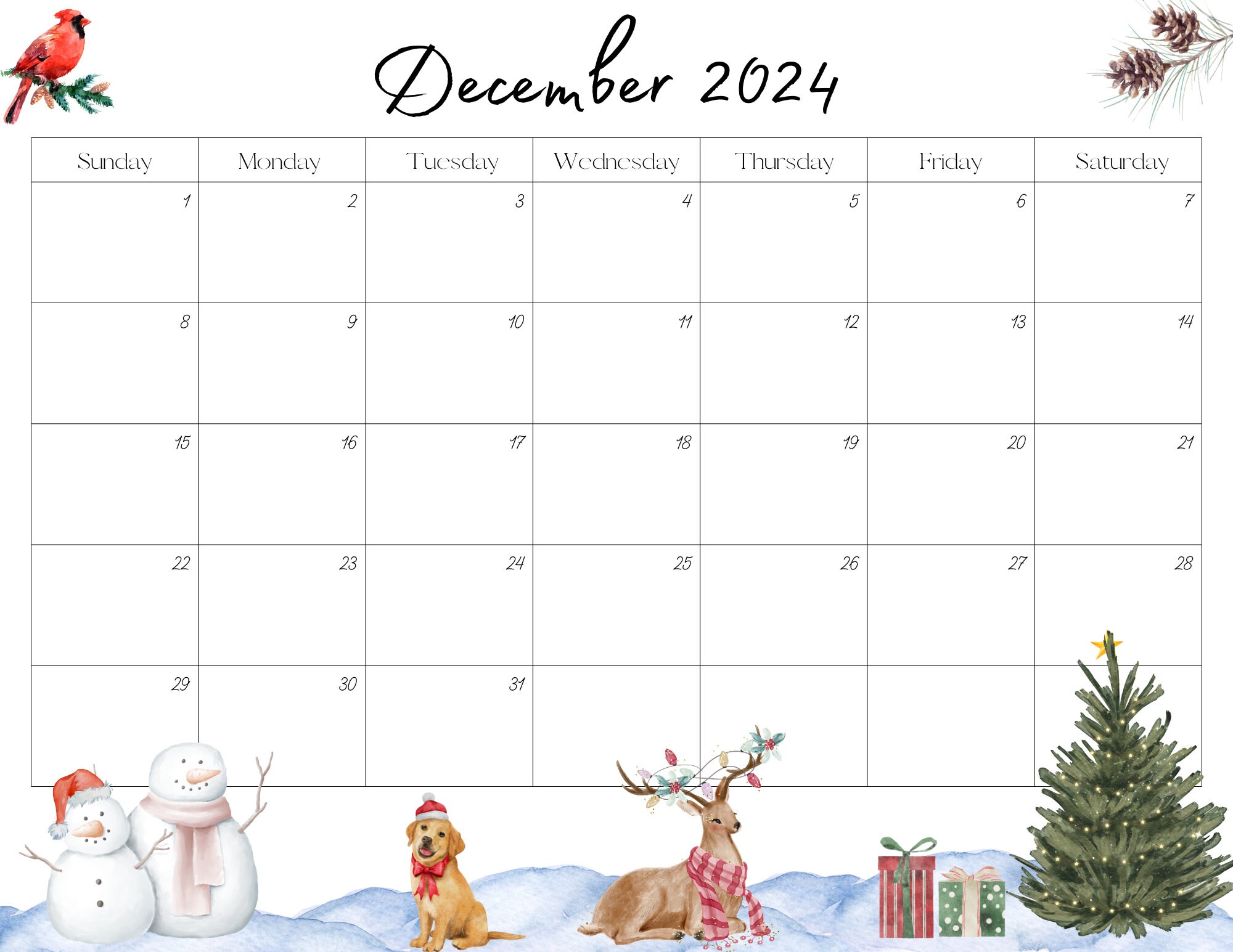 Editable December 2024 Calendar, Christmas Countdown Calendar